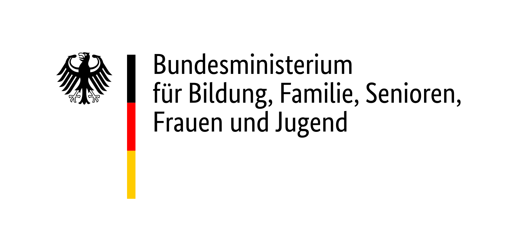 Logo des Bundesministeriums für Bildung, Familie, Senioren, Frauen und Jugend (BMFSFJ) mit einem schwarzen Adler und einem vertikalen dreifarbigen Balken in Schwarz, Rot und Gelb.