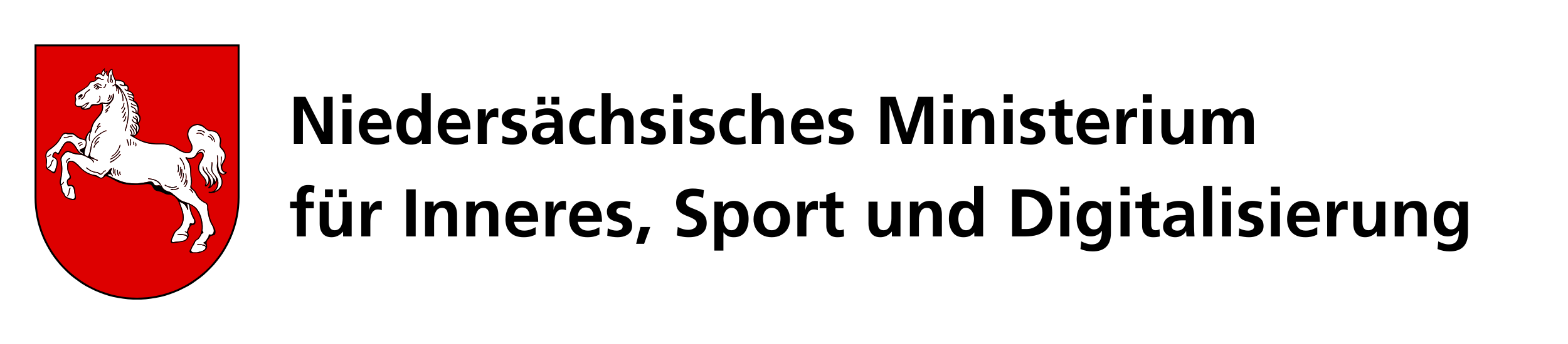 Das Logo des Nieders&auml;chsischen Ministeriums f&uuml;r Inneres, Sport und Digitalisierung zeigt ein wei&szlig;es Pferd auf einem roten Schild neben dem deutschen Text des Ministeriumsnamens.