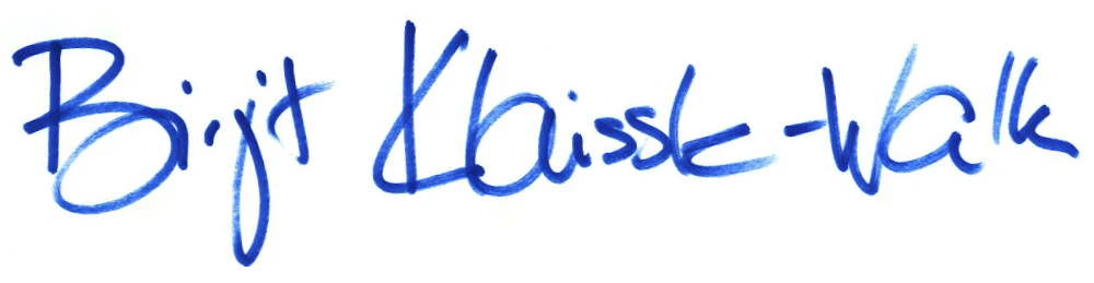 Blaue handschriftliche Unterschrift.