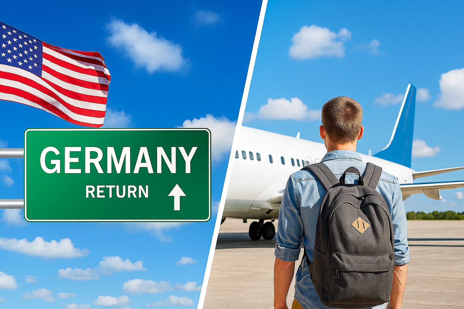 Geteiltes Bild: Die linke Seite zeigt eine US-Flagge und ein Schild mit der Aufschrift "Germany Return"; die rechte Seite zeigt eine Person mit einem Rucksack vor einem Flugzeug auf der Rollbahn.